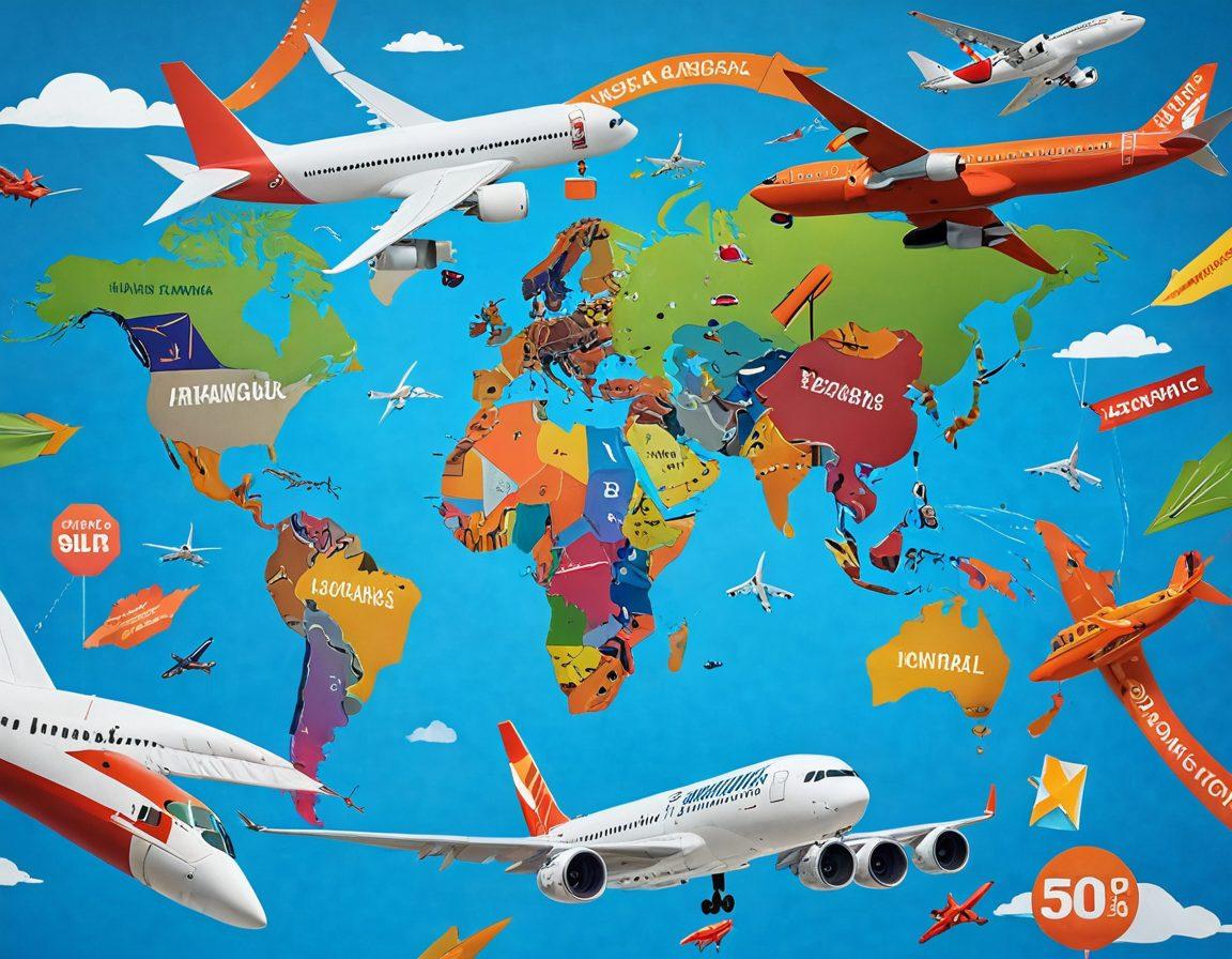 An eye-catching collage of diverse airplanes soaring through a clear blue sky, surrounded by price tags and colorful banners announcing low fares and promotions. Incorporate travel icons like a globe, luggage, and a map in the background, conveying a sense of adventure and savings. Include dynamic elements like arrows indicating the downward trend of prices. vibrant colors. super-realistic. 3D.
