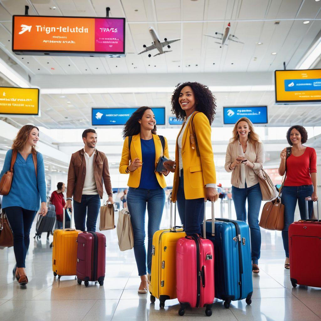 A captivating scene of a diverse group of travelers joyfully exploring an airport bustling with activity, accompanied by eye-catching flight deal signs and colorful luggage. The atmosphere radiates adventure and excitement, with globes and airplanes subtly integrated into the background. Include a cheerful travel agent showing discounted flight options on a digital screen, epitomizing the essence of affordable travel. super-realistic. vibrant colors. white background.