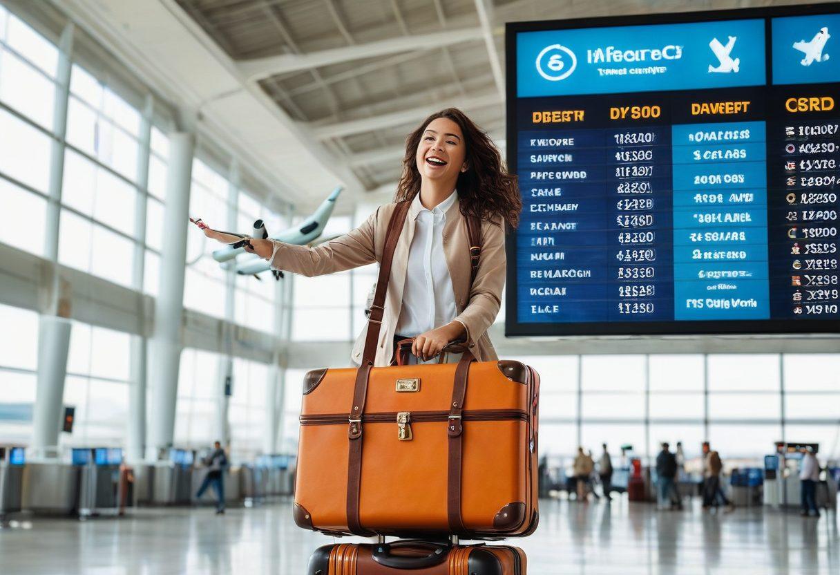 A traveler standing joyfully at an airport with a suitcase in hand, surrounded by floating dollar signs and airplane icons, symbolizing affordable airfare. In the background, a digital display board shows low ticket prices. The scene is bright and cheerful, indicating exciting travel opportunities. Travel-themed elements like maps and compasses add to the imagery. super-realistic. vibrant colors. white background.